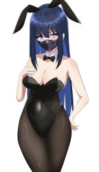 Rule 34 | 1girl, absurdres, alternate costume, animal ears, bare arms, bare shoulders, black bow, black bowtie, black leotard, black pantyhose, blue archive, blue eyes, blue hair, bow, bowtie, breasts, cleavage, commentary request, constricted pupils, covered navel, cowboy shot, detached collar, fake animal ears, hair between eyes, hand on own hip, hand on own chest, highleg, highleg leotard, highres, hiuyec, large breasts, leotard, long bangs, long hair, looking at viewer, mask, mouth mask, pantyhose, playboy bunny, saori (blue archive), shadow, simple background, solo, strapless, strapless leotard, white background