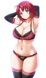 Rule 34 | 10s, 1girl, ahoge, armpits, arms behind head, arms up, black bra, black gloves, black panties, black thighhighs, blush, bra, breasts, cleavage, closed mouth, commentary, cow girl (goblin slayer!), gloves, goblin slayer!, highres, kazenokaze, large breasts, legs together, looking at viewer, multicolored bra, multicolored clothes, multicolored panties, navel, panties, pink bra, pink panties, pink ribbon, purple eyes, red hair, ribbon, ribbon bra, ribbon panties, shiny skin, short hair, simple background, smile, solo, standing, stomach, thighhighs, underwear, underwear only, white background