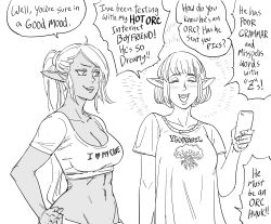Rule 34 | 2girls, :d, bad id, bb (baalbuddy), bob cut, breasts, cellphone, cleavage, clothes writing, commentary, cropped shirt, dark-skinned female, dark elf, dark skin, elf, english commentary, english text, greyscale, happy, highres, holding, holding phone, inactive account, large breasts, long hair, medium hair, midriff, monochrome, multiple girls, navel, open mouth, original, phone, pointy ears, ponytail, short sleeves, simple background, smartphone, smile, stomach, toned, white background