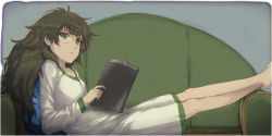 Rule 34 | 1girl, barefoot, closed mouth, collarbone, couch, dress, from side, glass, green eyes, green hair, highres, hiyajou maho, holding, long hair, long sleeves, looking at viewer, lying, menomorute, on back, pillow, rimless eyewear, short dress, solo, steins;gate, steins;gate 0, very long hair, white dress