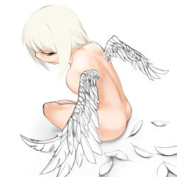 Rule 34 | 1girl, angel wings, back, bad id, bad pixiv id, blonde hair, blue eyes, feathers, female focus, from above, full body, nude, original, short hair, simple background, sitting, solo, wings, yama
