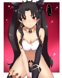 Rule 34 | armlet, detached sleeves, earrings, fate/grand order, fate (series), hair ribbon, highres, hoop earrings, ishtar (fate), jewelry, long hair, looking at viewer, meta-tron, red eyes, ribbon, single detached sleeve, single thighhigh, solo, thighhighs, tiara, twintails, two side up