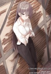 Rule 34 | 1girl, brown eyes, closed mouth, crossed arms, highres, light brown hair, long hair, looking at viewer, pants, ponytail, shirt, solo, star741, white shirt