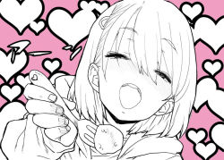 Rule 34 | 1girl, female focus, food, fork, heart, monochrome, open mouth, original, pink background, ponsuke (pon00000), simple background, sleeves past wrists, solo, spot color