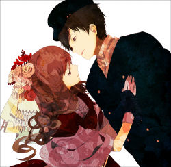 Rule 34 | 1boy, 1girl, aqua eyes, brown eyes, brown hair, couple, dutch angle, fashion, flower, formal, gloves, hair flower, hair ornament, hand on another&#039;s chest, hat, hetero, long hair, looking at another, okazaki oka, original, parted lips, red hair, rose, scarf, shawl, short hair, simple background, white background, winter clothes