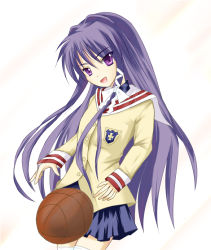 Rule 34 | 00s, 1girl, american football, ball, bare legs, basketball, basketball (object), clannad, emblem, fujibayashi kyou, hair intakes, long hair, looking at viewer, masaki eiji, simple background, sleeve cuffs, solo, thighs, very long hair, white background