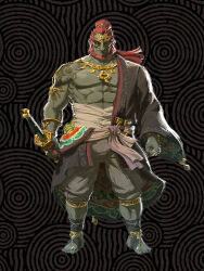Rule 34 | 1boy, abs, arms at sides, asymmetrical clothes, baggy pants, bandages, beard, budget sarashi, coat, colored skin, earrings, facial hair, floating hair, full body, ganondorf, gerudo, green skin, high ponytail, highres, holding, holding sword, holding weapon, jewelry, katana, long hair, long sleeves, midriff sarashi, muscular, muscular male, nintendo, pants, pectorals, red eyes, red hair, ring, sarashi, smoke, solo, standing, stomach, sword, teeth, the legend of zelda, toeless footwear, toenails, toes, v-shaped eyebrows, very long hair, weapon