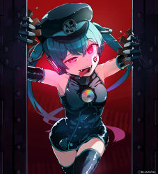 Rule 34 | 1girl, aqua hair, bare shoulders, black dress, black gloves, black hat, black thighhighs, cd, commentary request, cosmo (bousoup), cowboy shot, crack, dress, elbow gloves, facial tattoo, fangs, gears, gloves, glowing, glowing eyes, half-closed eye, hat, hatsune miku, highres, leaning forward, long hair, looking at viewer, military hat, number tattoo, opening door, piano keys, raised eyebrow, red background, red eyes, sadistic music factory (vocaloid), shiny clothes, shoulder tattoo, sleeveless, sleeveless dress, solo, tattoo, thighhighs, tongue, tongue out, twintails, twitter username, very long hair, vocaloid, zettai ryouiki