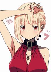 Rule 34 | 1girl, blonde hair, breasts, cleavage, cleavage cutout, clothing cutout, collarbone, copyright name, dress, eyebrows hidden by hair, hair behind ear, halter dress, halterneck, hand on forehead, highres, imigimuru, jewelry, large breasts, lycoris recoil, necklace, nishikigi chisato, portrait, red dress, red eyes, solo, white background