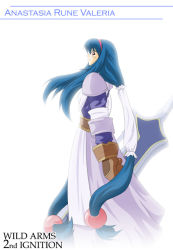 Rule 34 | 1girl, anastasia valeria, apron, armor, armored dress, blue hair, character name, copyright name, dress, g-dash, hair ornament, hairband, hairpin, long hair, low-tied long hair, pauldrons, red eyes, red hairband, shoulder armor, sidelocks, simple background, solo, sword, twintails, very long hair, weapon, white background, wild arms, wild arms 2