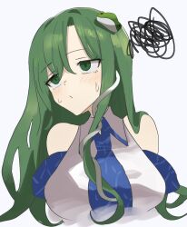 Rule 34 | 1girl, bare shoulders, breasts, closed mouth, collared shirt, detached sleeves, frog hair ornament, green eyes, green hair, hair ornament, hair tubes, highres, kochiya sanae, large breasts, light blush, long hair, looking to the side, mino (minori), scribble, shirt, simple background, single hair tube, single sidelock, snake hair ornament, solo, sweat, sweatdrop, touhou, upper body, white background, wide sleeves