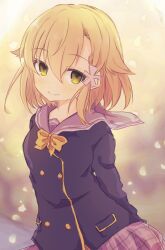 Rule 34 | 1girl, arms behind back, black jacket, blonde hair, blurry, blurry background, blush, bow, bowtie, braid, breasts, closed mouth, commentary request, eyes visible through hair, falling petals, grey sailor collar, hair between eyes, highres, jacket, kariya wakana, konoquro, looking at viewer, medium hair, miniskirt, petals, pleated skirt, sailor collar, sanoba witch, school uniform, simple background, single braid, skirt, small breasts, smile, solo, upper body, upturned eyes, yellow bow, yellow bowtie, yellow eyes