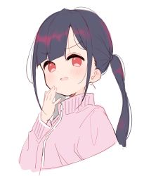 Rule 34 | 1girl, :d, black hair, blush, cropped torso, fang, hand up, highres, jacket, long hair, long sleeves, looking at viewer, meito (maze), open mouth, original, pink jacket, red eyes, simple background, smile, solo, turtleneck, twintails, upper body, v-shaped eyebrows, white background