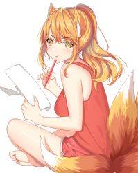 Rule 34 | 1girl, animal ears, armpit crease, bare arms, bare shoulders, barefoot, blonde hair, breasts, commentary, dolphin shorts, english commentary, feet, fox ears, fox girl, fox tail, from side, highres, holding, holding paper, holding pen, indian style, kawaii nihongo, kitsune, long hair, looking at viewer, looking to the side, medium breasts, paper, parted lips, pen, ponytail, r3d, red shirt, red shorts, riko (kawaii nihongo), shirt, shorts, sidelocks, simple background, sitting, sleeveless, sleeveless shirt, solo, tail, tank top, thighs, white background, yellow eyes