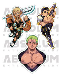 Rule 34 | 3boys, abs, absolum art, absurdres, alternate costume, asher (absolum), ass, bara, bare pectorals, biceps, black hair, black kimono, blonde hair, blush, br-07 (absolum), cross-laced clothes, cross-laced top, crossover, earrings, facial hair, green hair, highres, japanese clothes, jewelry, jumping, kimono, large pectorals, male focus, merchandise available, multiple boys, muscular, muscular male, my deadly robot boyfriend (absolum), nipples, one piece, original, over shoulder, pectoral cleavage, pectorals, roronoa zoro, short hair, shy, sideburns, sideburns stubble, single earring, smile, spiked hair, sticker (medium), straight-on, stubble, sword, sword over shoulder, thick eyebrows, veiny face, weapon, weapon over shoulder