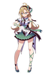 Rule 34 | 1girl, absurdres, ahoge, asymmetrical bangs, black hairband, blonde hair, blouse, center frills, closed mouth, clothing cutout, commentary request, frilled sleeves, frills, full body, green eyes, green footwear, green nails, green skirt, hair ornament, hairband, hand on own hip, high heels, highres, ichijo rei, idol, kamina kohane, long hair, looking at viewer, miniskirt, nail polish, neck ribbon, palette project, ribbon, shirt, short sleeves, shoulder cutout, simple background, skirt, smirk, solo, standing, virtual youtuber, white background, white shirt