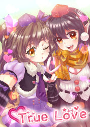 Rule 34 | 2girls, adapted costume, alternate costume, black hair, blush, brown hair, cleavage cutout, clothing cutout, english text, fur trim, hair ribbon, hat, heart, highres, himekaidou hatate, long hair, looking at viewer, multiple girls, nail polish, necktie, one eye closed, open mouth, pipi damowang, pointy ears, pom pom (clothes), puffy sleeves, red eyes, ribbon, scarf, selfie, shameimaru aya, shirt, short sleeves, skirt, smile, string, taking picture, text focus, tokin hat, touhou, twintails, v, vest