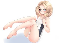 Rule 34 | 1girl, absurdres, alternate costume, barefoot, blonde hair, blue eyes, collarbone, commentary request, dress, highres, janus (kancolle), kantai collection, makura (y makura), one-piece swimsuit, school swimsuit, short hair, simple background, sitting, solo, strap slip, sundress, swimsuit, white background, white one-piece swimsuit