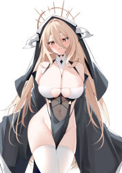 Rule 34 | 1girl, absurdres, azur lane, bare shoulders, between breasts, black gloves, blonde hair, breast cutout, breasts, catnnn, cleavage, covered navel, cowboy shot, detached sleeves, fake horns, gloves, habit, hair between eyes, highleg, highleg panties, highres, horns, implacable (azur lane), large breasts, long bangs, long hair, looking at viewer, nun, panties, pelvic curtain, revealing clothes, see-through, thighhighs, two-tone dress, underwear, veil, white horns, white thighhighs