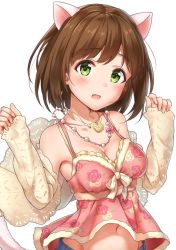 Rule 34 | 10s, 1girl, animal ears, bare shoulders, blush, breasts, brown hair, cleavage, detached sleeves, eyebrows, fang, green eyes, groin, highres, idolmaster, idolmaster cinderella girls, jewelry, jpeg artifacts, looking at viewer, maekawa miku, medium breasts, navel, necklace, open mouth, short hair, simple background, smile, solo, tail, takeashiro, upper body, white background