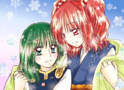 Rule 34 | 2girls, blush, epaulettes, eyelashes, gradient background, green eyes, green hair, hair bobbles, hair ornament, hand on own shoulder, kiduki kaya, looking at another, multiple girls, no headwear, onozuka komachi, own hands together, parted lips, red eyes, red hair, shared blanket, shiki eiki, short hair, snowflakes, touhou, twintails, two side up, vest, yuri