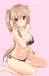 Rule 34 | 10s, 1girl, adapted costume, bikini, breasts, brown eyes, brown hair, highres, kantai collection, long hair, looking at viewer, maruki (punchiki), murasame (kancolle), navel, pink background, simple background, smile, solo, swimsuit, twintails