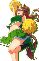 Rule 34 | 1girl, alternate costume, animal ears, artist name, belt, bracelet, breasts, brown hair, cheerleader, commentary request, earrings, green outline, green shirt, green skirt, hair between eyes, highres, holding, holding pom poms, horse ears, horse girl, horse tail, jewelry, long hair, masaki (masaki 470), medium breasts, midriff, multicolored clothes, multicolored hair, navel, open mouth, outline, pleated skirt, pom pom (cheerleading), pom poms, purple eyes, shadow, shirt, short sleeves, shorts, single earring, skirt, smile, solo, sparkle, streaked hair, symboli rudolf (umamusume), tail, thigh strap, umamusume, very long hair, white background, white belt, white hair, white shirt, white shorts