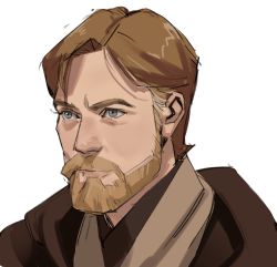 Rule 34 | 1boy, animification, beard, brown hair, brown robe, closed mouth, ctstudio (executional), expressionless, facial hair, grey eyes, highres, lips, looking to the side, male focus, mustache, obi-wan kenobi, portrait, robe, short hair, simple background, solo, star wars, white background