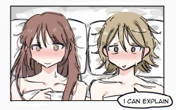 Rule 34 | 2girls, blush, brown hair, closed mouth, ear blush, english text, highres, light brown hair, lying, multiple girls, on back, original, parted lips, pillow, short hair, snale, sweat, sweatdrop, under covers, yuri