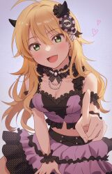 Rule 34 | 1girl, ahoge, arm guards, bare shoulders, blonde hair, blush, breasts, cleavage, collarbone, crop top, demon horns, dot nose, emu (emum), fake horns, frilled skirt, frills, gem, gradient background, green eyes, hair ornament, highres, horns, hoshii miki, idolmaster, idolmaster (classic), idolmaster million live!, idolmaster million live! theater days, large breasts, layered skirt, long hair, looking at viewer, midriff, navel, open mouth, pearl (gemstone), pointing, pointing at viewer, polka dot, purple background, purple shirt, purple skirt, scrunchie, shirt, skirt, smile, solo