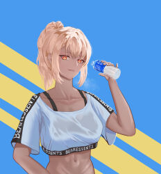 Rule 34 | 1girl, absurdres, arm up, artist name, bearessents, blonde hair, bottle, bra strap, breath, collarbone, commentary, dark-skinned female, dark skin, english commentary, eyelashes, highres, holding, holding bottle, hololive dance practice uniform, looking at viewer, multicolored eyes, navel, original, parted lips, ponytail, see-through, see-through shirt, short sleeves, sidelocks, simple background, solo, sports bra, sportswear, stomach, strap, striped background, sweat, sweaty clothes, upper body, water bottle