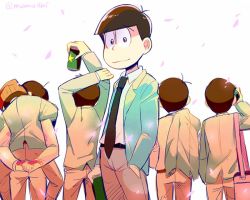 Rule 34 | 10s, 6+boys, beanie, beer can, brothers, brown hair, can, carrying, cherry blossoms, drink can, drinking, formal, from behind, hand in pocket, hat, holding, holding can, jacket, jacket over shoulder, looking at viewer, looking back, male focus, matsuno choromatsu, matsuno ichimatsu, matsuno jyushimatsu, matsuno karamatsu, matsuno osomatsu, matsuno todomatsu, mone (14ri0000), multiple boys, necktie, open clothes, open jacket, osomatsu-kun, osomatsu-san, petals, piggyback, sextuplets, siblings, smile, suit, twitter username, unworn jacket