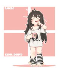 Rule 34 | 1girl, animal print, barefoot, blush, border, brown hair, brushing teeth, closed eyes, commentary request, cup, dot nose, full body, highres, holding, holding cup, holding toothbrush, kuma-bound, long hair, original, outside border, pink background, print shirt, shirt, simple background, socks, solo, standing, striped clothes, striped socks, toes, toothbrush, toothbrush in mouth, white border, white shirt