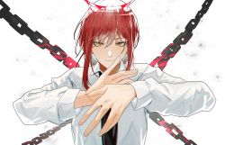 Rule 34 | 1girl, 3o c, black necktie, blood, blood halo, blood splatter, chain, chainsaw man, chromatic aberration, collared shirt, dress shirt, halo, hand gesture, highres, liquid halo, looking at viewer, makima (chainsaw man), necktie, orange hair, red hair, red halo, ringed eyes, shirt, sidelocks, simple background, solo, white background, white shirt