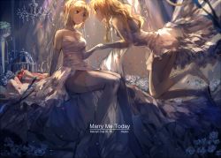 Rule 34 | 2girls, alice margatroid, bad id, bad pixiv id, blonde hair, blue eyes, braid, chandelier, commentary, dated, dress, elbow gloves, english text, face-to-face, floating, flower, frills, gloves, holding hands, highres, kirisame marisa, long hair, looking at another, meng ziya, multiple girls, petals, rose, short hair, sitting, smile, strapless, strapless dress, thighhighs, touhou, veil, wedding dress, white dress, white flower, white rose, yuri, zettai ryouiki