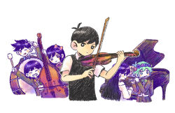 Rule 34 | 2girls, 4boys, antenna hair, arm up, aubrey (headspace) (omori), aubrey (omori), basil (headspace) (omori), basil (omori), bass drum, black eyes, black hair, black sweater vest, blue bow, blue bowtie, blush, bow, bowtie, bright pupils, cello, closed mouth, collared shirt, colored skin, dress, drum, flower, flute, grand piano, green bow, green bowtie, green eyes, green hair, grin, hair bow, head wreath, hero (headspace) (omori), hero (omori), holding, holding flute, holding instrument, instrument, kel (headspace) (omori), kel (omori), long hair, long sleeves, mari (headspace) (omori), mari (omori), multiple boys, multiple girls, omori, one eye closed, open mouth, parted lips, piano, pink bow, purple eyes, purple hair, shirt, short hair, short sleeves, simple background, smile, sun iiinu, sunny (omori), sweater vest, teeth, triangle (instrument), white background, white dress, white pupils, white shirt, white skin