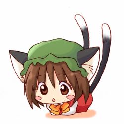 Rule 34 | 1girl, :&lt;, animal ears, bad id, bad pixiv id, blush stickers, cat ears, cat girl, cat tail, chen, chibi, eijima moko, female focus, multiple tails, solo, tail, touhou