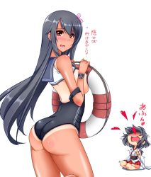 Rule 34 | 2girls, arched back, ass, black hair, blood, breasts, cosplay, fusou (kancolle), innertube, kantai collection, kuon (nokokopopo), large breasts, multiple girls, nosebleed, one-piece swimsuit, red eyes, ro-500 (kancolle), ro-500 (kancolle) (cosplay), school swimsuit, sideboob, simple background, swim ring, swimsuit, tan, tanline, translation request, undersized clothes, yamashiro (kancolle)