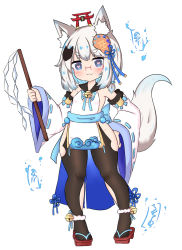 Rule 34 | 1girl, animal ear fluff, animal ears, ankle bell, bailingxiao jiu, bare shoulders, bell, black pantyhose, blue eyes, detached sleeves, fox hair ornament, full body, geta, gohei, groin, hair ornament, hand on own hip, heart, heart-shaped pupils, highres, holding, jingle bell, long sleeves, original, pantyhose, pigeon-toed, red footwear, ribbon-trimmed sleeves, ribbon trim, shide, short eyebrows, silver hair, simple background, sleeveless, sleeves past wrists, solo, standing, symbol-shaped pupils, tail, tail raised, thick eyebrows, torii, white background, white sleeves, wide sleeves