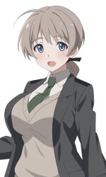 Rule 34 | 1girl, breasts, cardigan, green necktie, grey jacket, highres, huet-pc, jacket, large breasts, looking at viewer, lynette bishop, military uniform, necktie, open mouth, ponytail, shirt, simple background, smile, solo, strike witches, uniform, upper body, white background, white shirt, world witches series