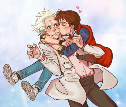 Rule 34 | 2boys, age difference, back to the future, bad link, blush, brown hair, chesireusagi, closed eyes, emmett brown, heart, kiss, kissing cheek, male focus, marty mcfly, multiple boys, pink shirt, shirt, white footwear, white hair, yaoi