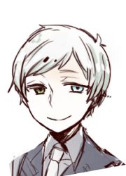 Rule 34 | 1boy, alto clef, bad id, bad pixiv id, blue eyes, collared shirt, formal, green eyes, grey shirt, heterochromia, hongcha (roels), looking at viewer, lowres, male focus, necktie, roels, scp foundation, shirt, simple background, smile, solo, suit, upper body, white background, white necktie