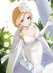 Rule 34 | 1girl, arm at side, azur lane, bag, blonde hair, blue eyes, breasts, buttons, chinese commentary, cleavage, coat, coat on shoulders, collar, commentary request, double-breasted, dress, dutch angle, earrings, elbow gloves, feet out of frame, flower, gloves, hair flower, hair ornament, hand up, handbag, highres, holding, holding bag, hood (azur lane), hood (dawnlight&#039;s dame) (azur lane), jewelry, large breasts, long dress, long hair, looking at viewer, official alternate costume, parted bangs, pillar, plant, qing wu, rose, sidelocks, solo, standing, tile floor, tiles, white bag, white coat, white collar, white dress, white flower, white gloves, white rose