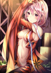 Rule 34 | 1girl, bare shoulders, black thighhighs, blush, box, breasts, center opening, cleavage, clothing cutout, commentary, cowboy shot, detached sleeves, elbow gloves, fingerless gloves, gloves, grass, groin, guilty crown, hair between eyes, hair ornament, hair over shoulder, hairclip, hand on own head, highres, light particles, light rays, long hair, looking at viewer, low twintails, medium breasts, navel, parted lips, pink eyes, pink hair, red gloves, red sleeves, sideboob, sidelocks, sitting, solo, steel beam, stomach, sunbeam, sunlight, thigh cutout, thighhighs, tsukasa tsubasa, twintails, wariza, yuzuriha inori