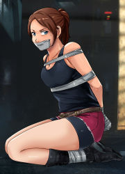 Rule 34 | 1girl, annoyed, bike shorts, black footwear, black tank top, blue eyes, boots, bound, bound ankles, bound torso, bound wrists, breasts, brown hair, capcom, claire redfield, gag, gagged, highres, improvised gag, jewelry, knee boots, legs, looking at viewer, lost one zero, necklace, resident evil, resident evil 2, seiza, shirt, shoe soles, shorts, sitting, sleeveless, sleeveless shirt, solo, tank top, tape, tape gag, thighs