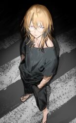 Rule 34 | 1boy, absurdres, black pants, black shirt, blonde hair, chamuring, chest tattoo, crosswalk, dark, from above, glasses, haitani rindou, hands in pockets, highres, looking at viewer, looking up, male focus, multicolored hair, night, pants, purple eyes, shirt, short sleeves, spotlight, tattoo, tokyo revengers, two-tone hair, wolf cut