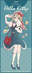 Rule 34 | 1girl, 2022, akakura, artist name, bag, blonde hair, blue background, blue footwear, bow, cake, character name, closed mouth, company name, copyright notice, dress, fingerless gloves, food, full body, gloves, green eyes, hair bow, hand up, hat, hello kitty, highres, kneehighs, long hair, low twintails, mary janes, official art, pastry, red bag, sanrio, shoes, short sleeves, shoulder bag, socks, solo, twintails, white gloves, white socks