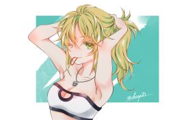 Rule 34 | 1girl, ;), armpits, bad id, bad pixiv id, bandeau, bare arms, bare shoulders, blonde hair, braid, breasts, bunching hair, cleavage, closed mouth, collarbone, fate/apocrypha, fate/grand order, fate (series), green eyes, hair between eyes, hair tie, hair tie in mouth, jewelry, medium breasts, mordred (fate), mordred (fate/apocrypha), mordred (memories at trifas) (fate), mouth hold, one eye closed, pendant, sheepd, smile, solo, twitter username, white bandeau
