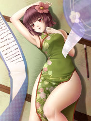 Rule 34 | 1girl, alternate costume, armpits, bad id, bad pixiv id, calligraphy brush, china dress, chinese clothes, dress, female focus, flower, from above, hair flower, hair ornament, hieda no akyuu, highres, hip focus, legs, lying, mochi.f, on back, paintbrush, purple eyes, purple hair, scroll, short hair, side slit, solo, tatami, thick thighs, thighs, touhou, wide hips, wind chime