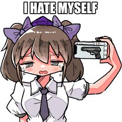 Rule 34 | 1girl, black eyes, black necktie, blush, bow, breasts, brown hair, cellphone, collared shirt, commentary, crying, crying with eyes open, english text, hair bow, half-closed eyes, hand up, hat, himekaidou hatate, holding, holding phone, image macro (meme), impact (font), kasuya baian, looking at viewer, medium breasts, medium hair, meme, necktie, open mouth, phone, puffy short sleeves, puffy sleeves, purple bow, purple hat, sad, shirt, short sleeves, short twintails, sidelocks, simple background, smartphone, solo, tears, tokin hat, touhou, twintails, white background, white shirt, you&#039;re doing it wrong